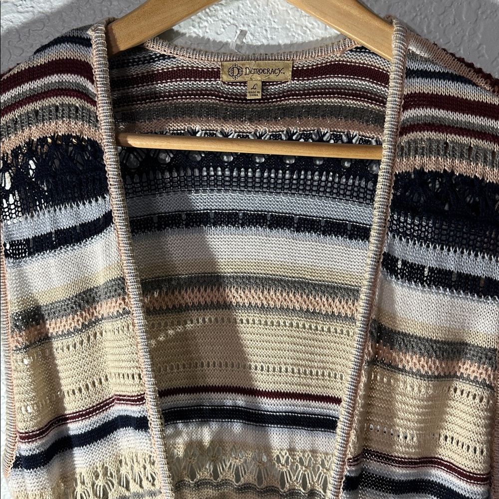 Democracy Women Multicolor Cochet Stripe Long Cardigan pocket Sweater Size L - Picture 3 of 10